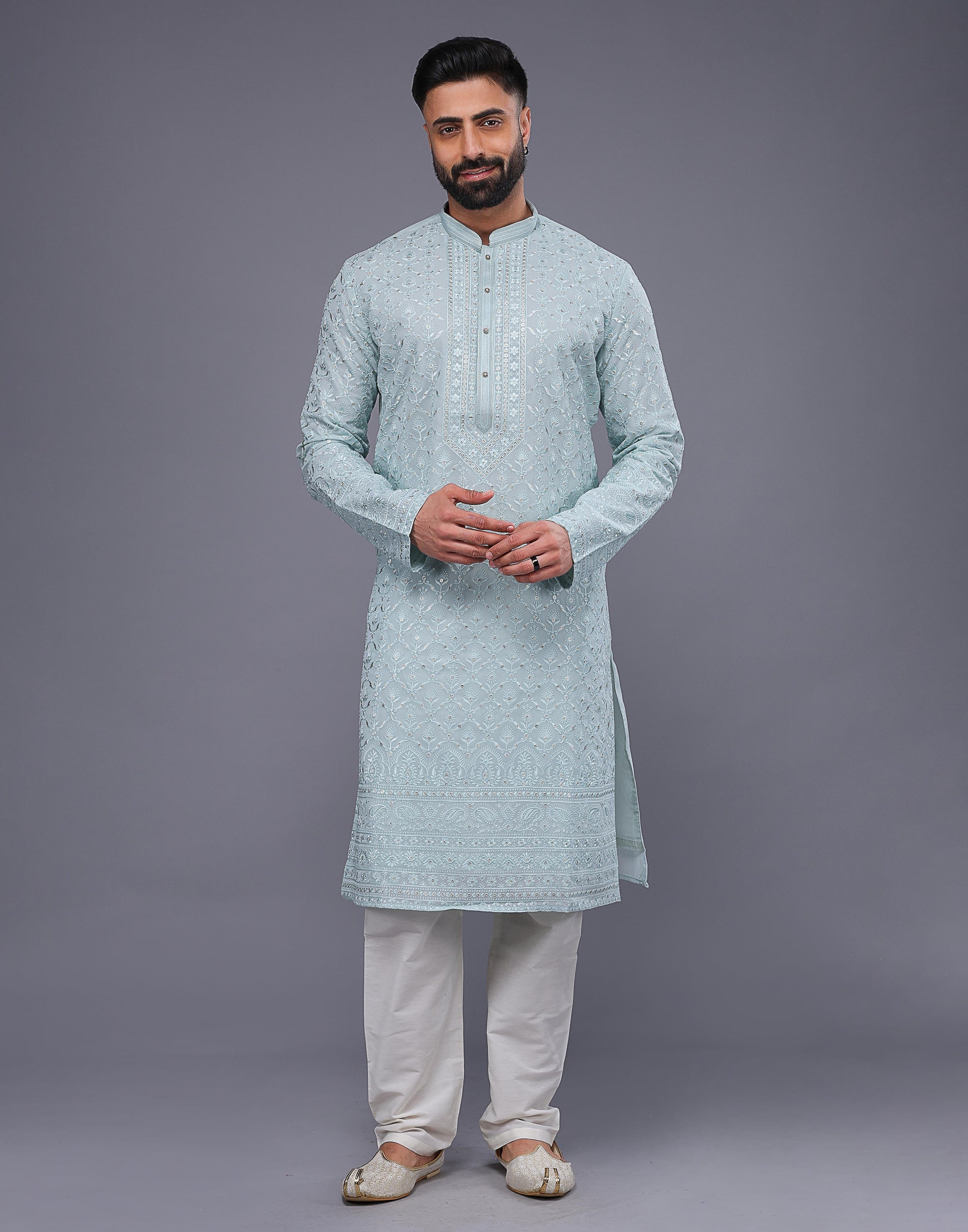 Light Sky Blue Embroidery Work Georgette Kurta Pajama