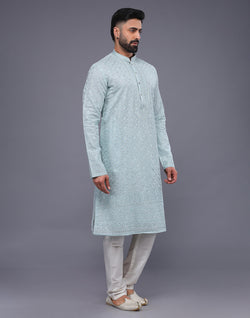 Collection of Light Sky Blue Embroidery Work Georgette Kurta Pajama in a gallery layout