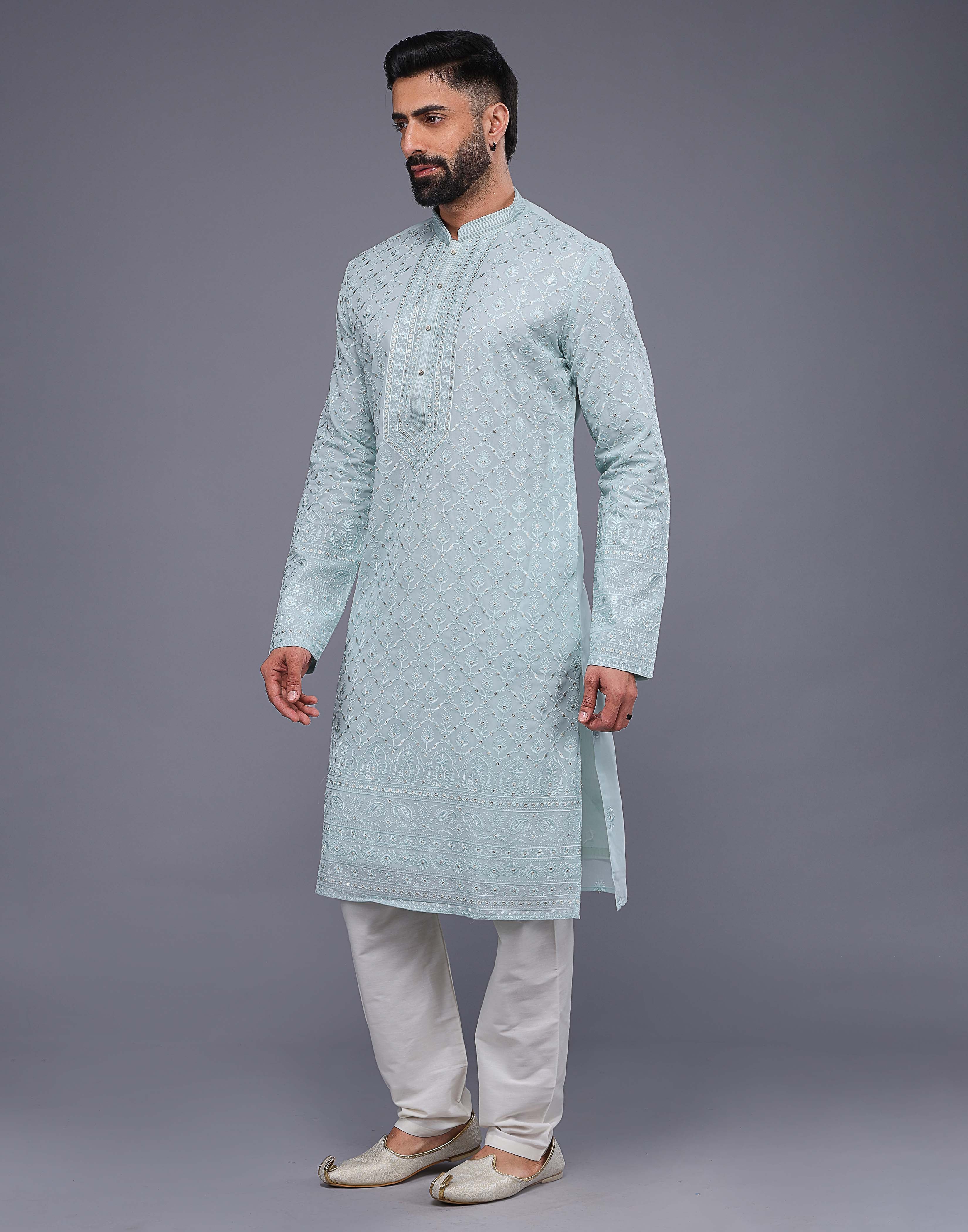 Collection of Light Sky Blue Embroidery Work Georgette Kurta Pajama in a gallery layout