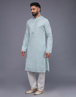 Collection of Light Sky Blue Embroidery Work Georgette Kurta Pajama in a gallery layout