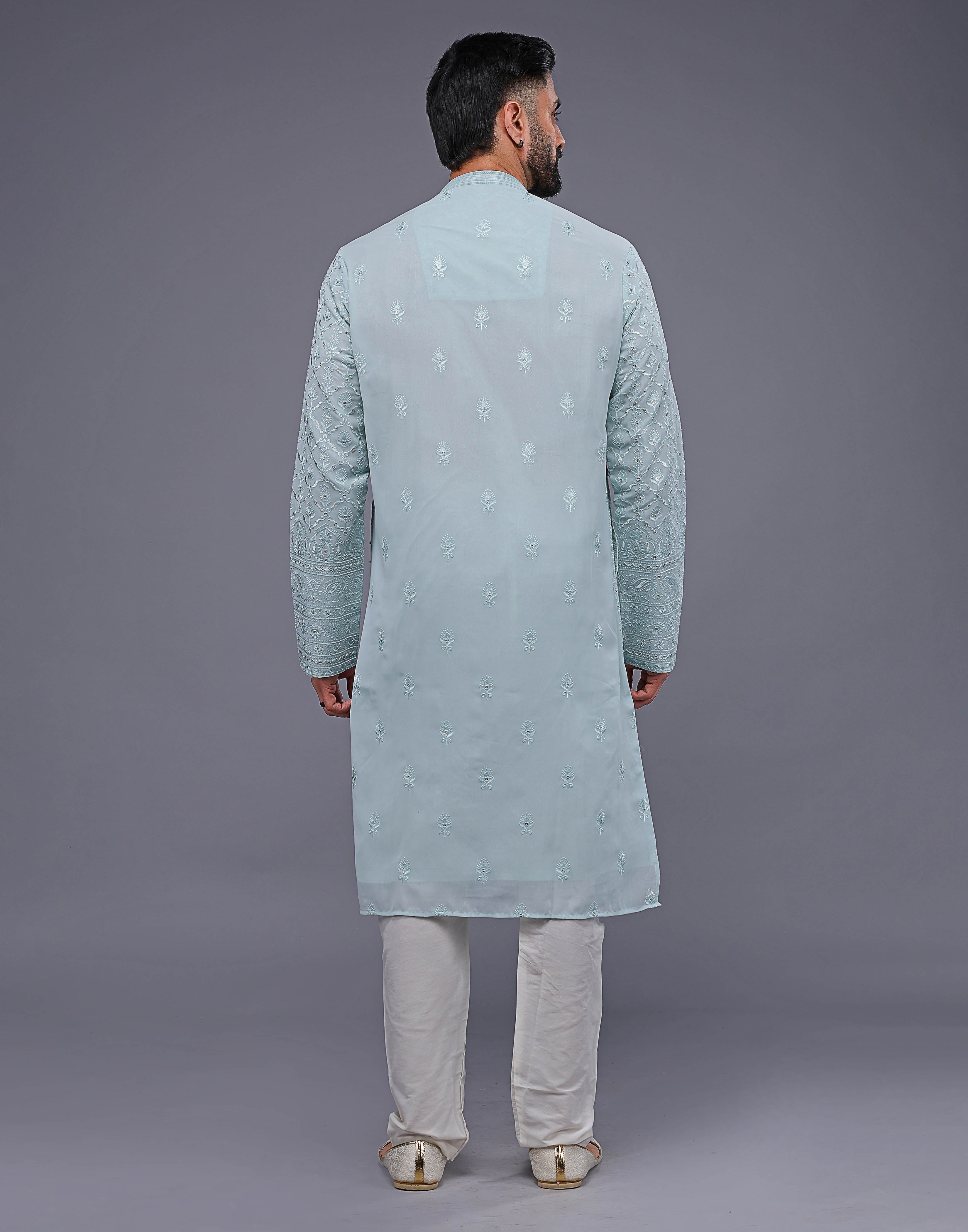 Collection of Light Sky Blue Embroidery Work Georgette Kurta Pajama in a gallery layout