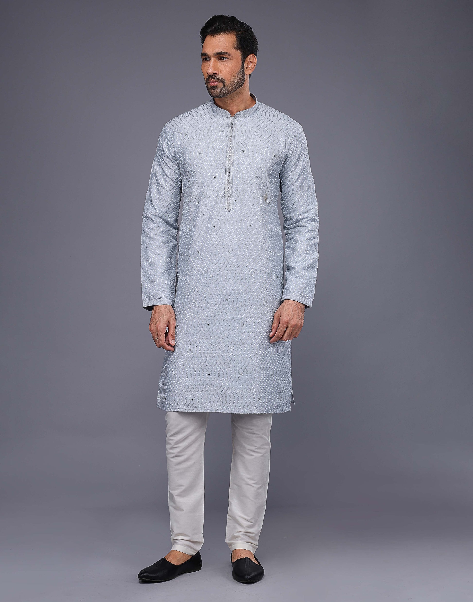 Grey Sequence With Gota Patti Work Silk Kurta Pyjama Set