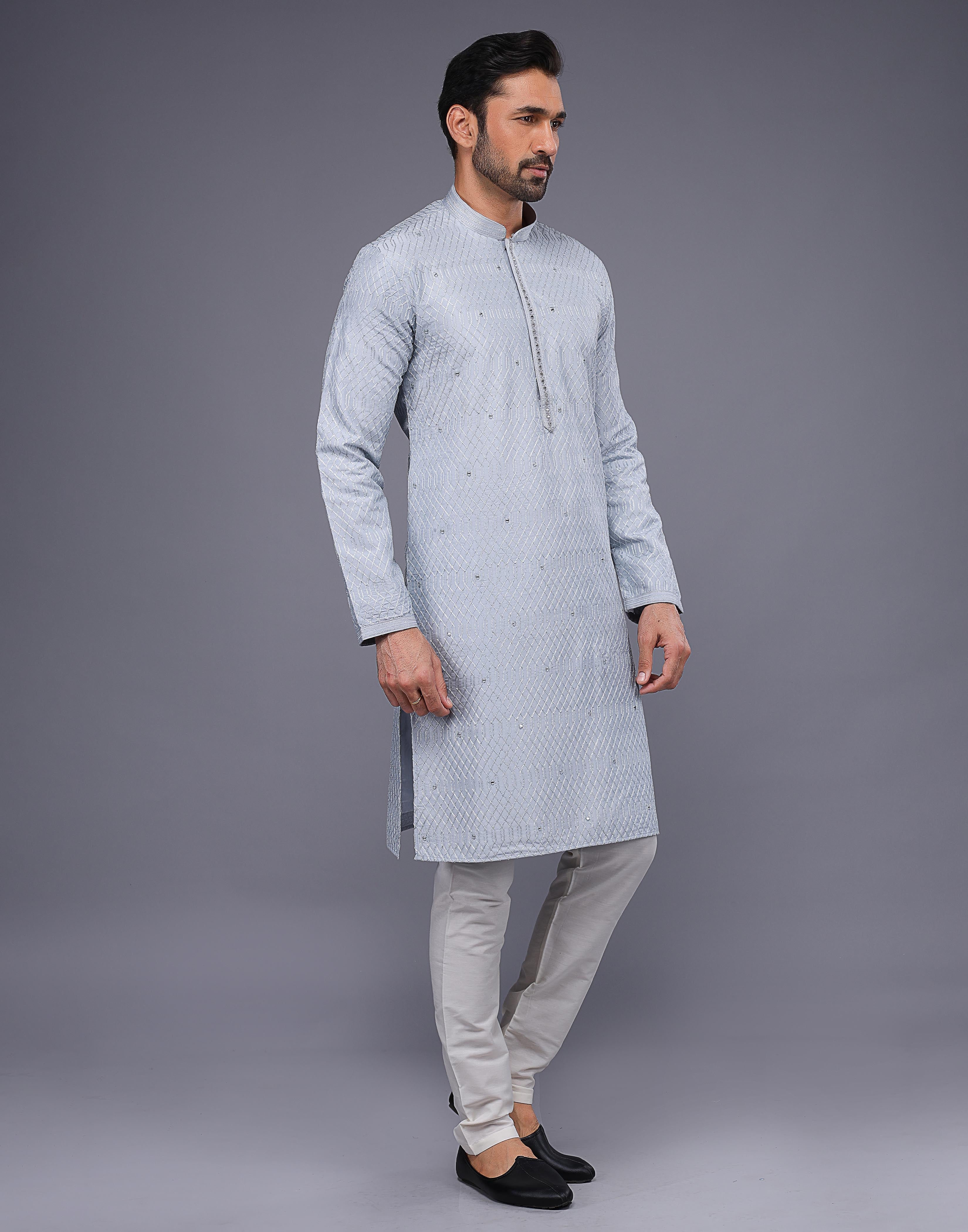 Collection of Grey Sequence With Gota Patti Work Silk Kurta Pyjama Set in a gallery layout