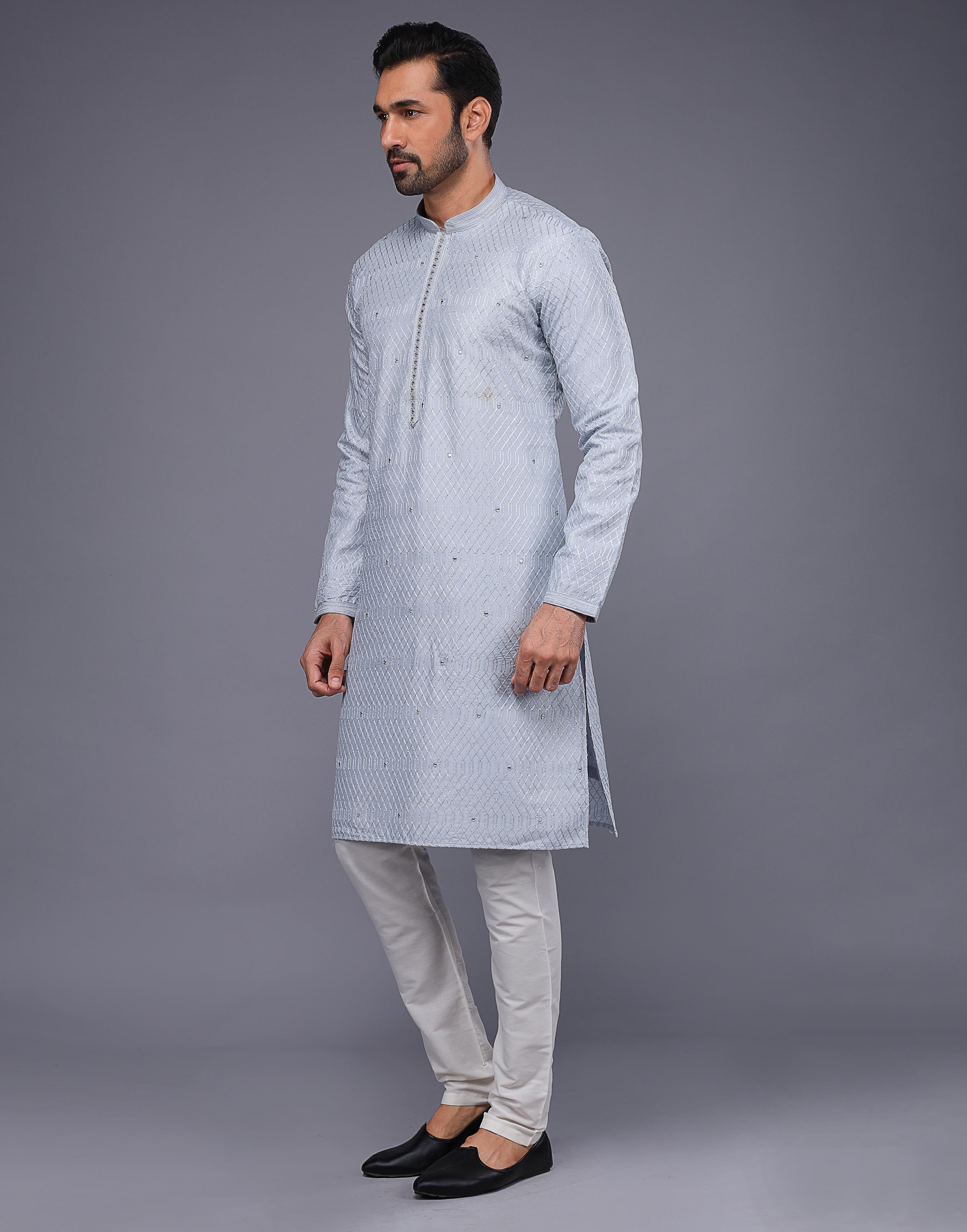 Collection of Grey Sequence With Gota Patti Work Silk Kurta Pyjama Set in a gallery layout