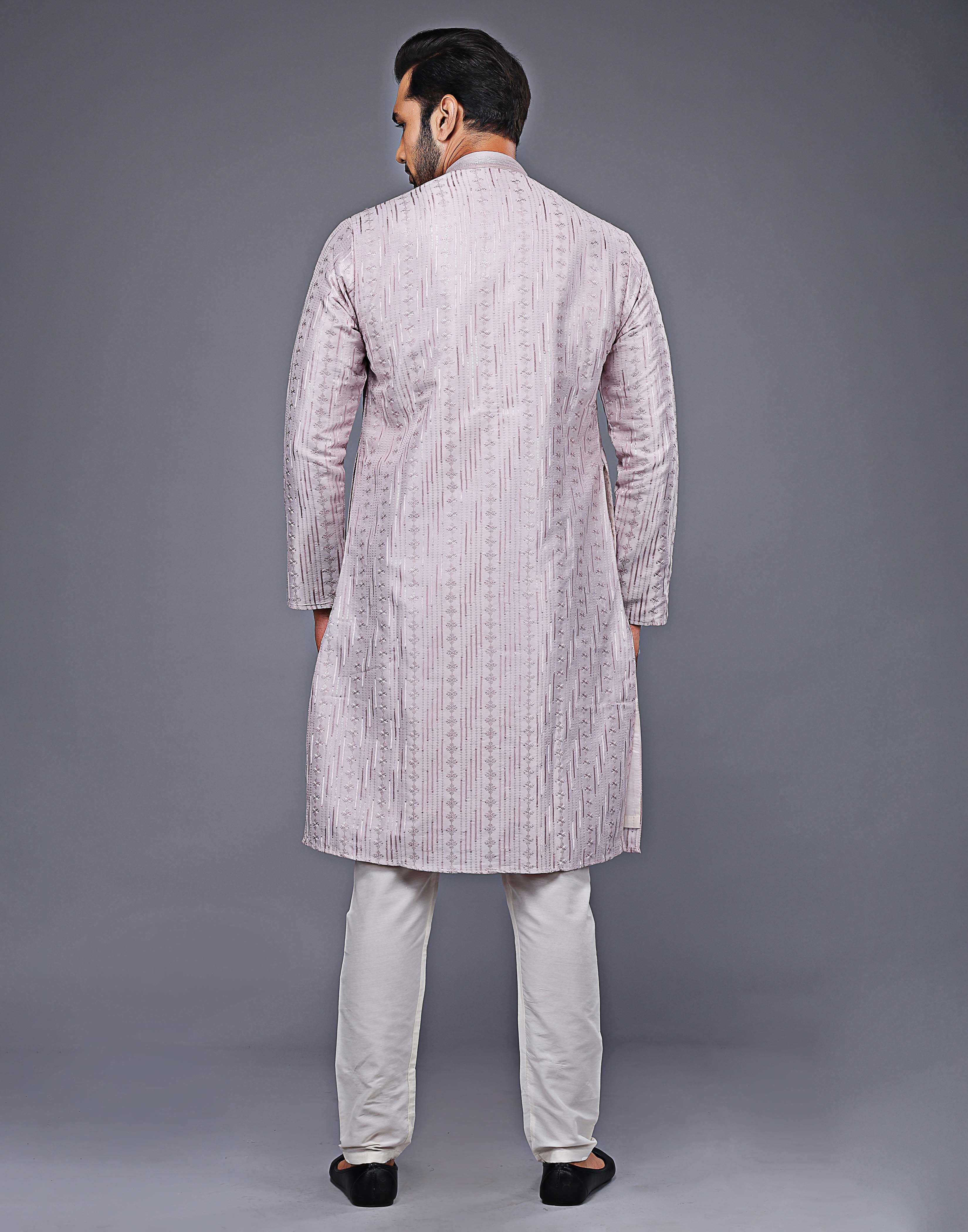 Collection of Lavender Self Floral Embroidery With Embellished Work Kurta Set in a gallery layout