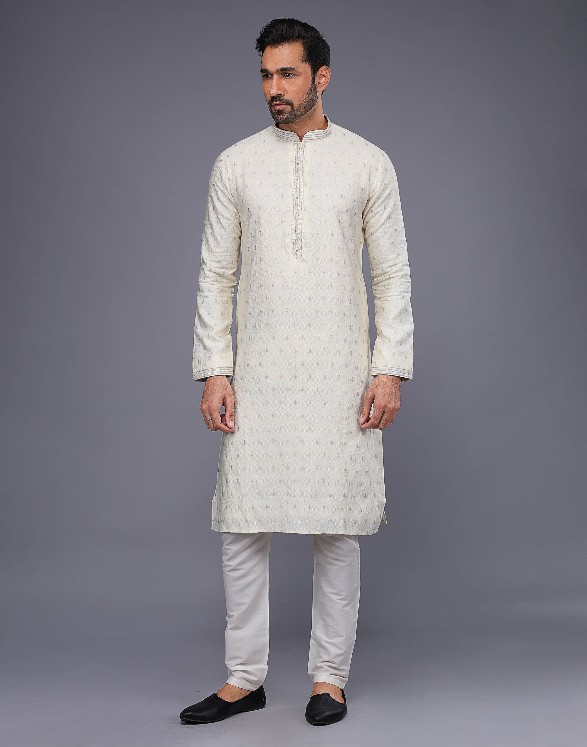 Cream Embroidery Butta Design Soft Silk Kurta Set