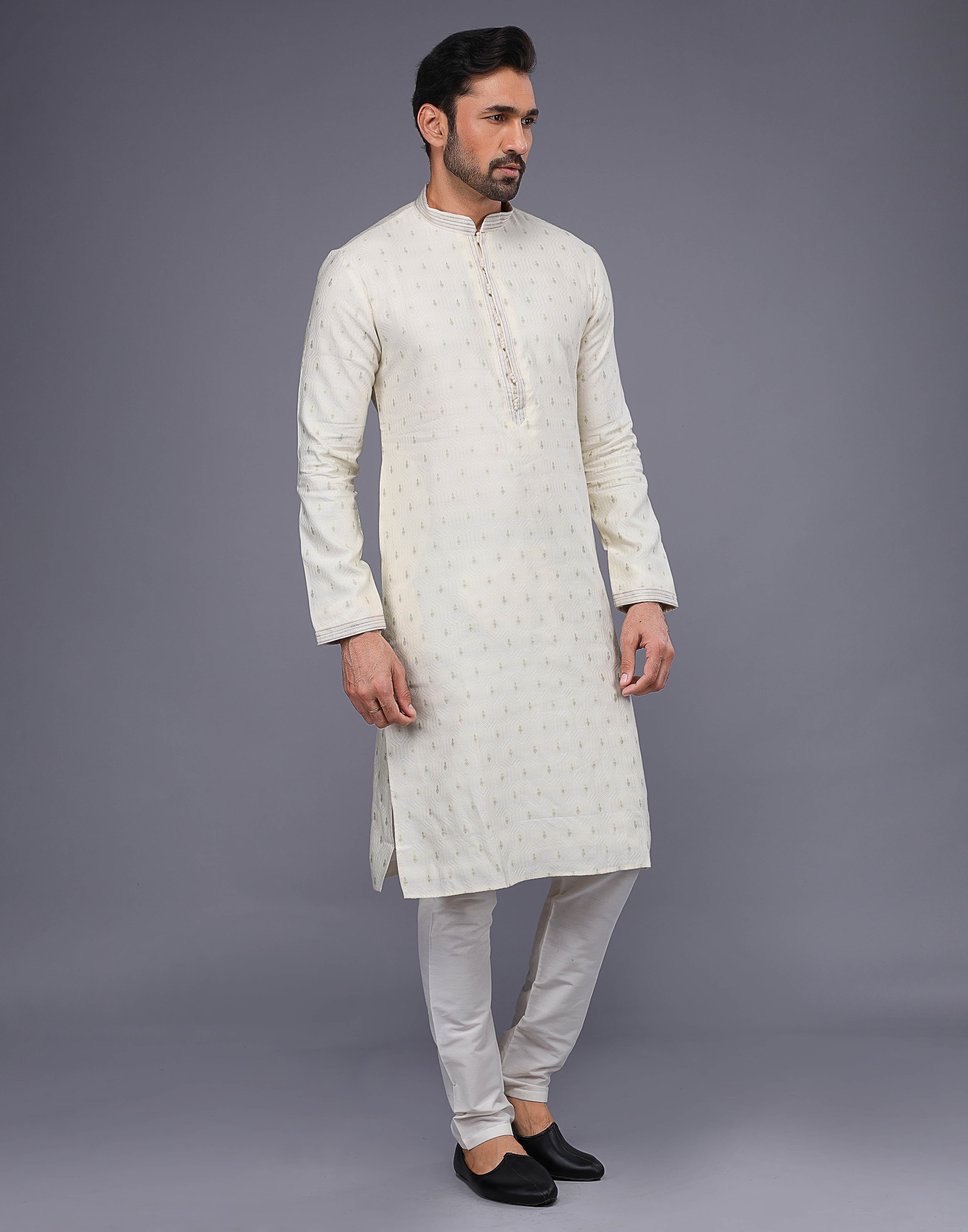 Collection of Cream Embroidery Butta Design Soft Silk Kurta Set in a gallery layout