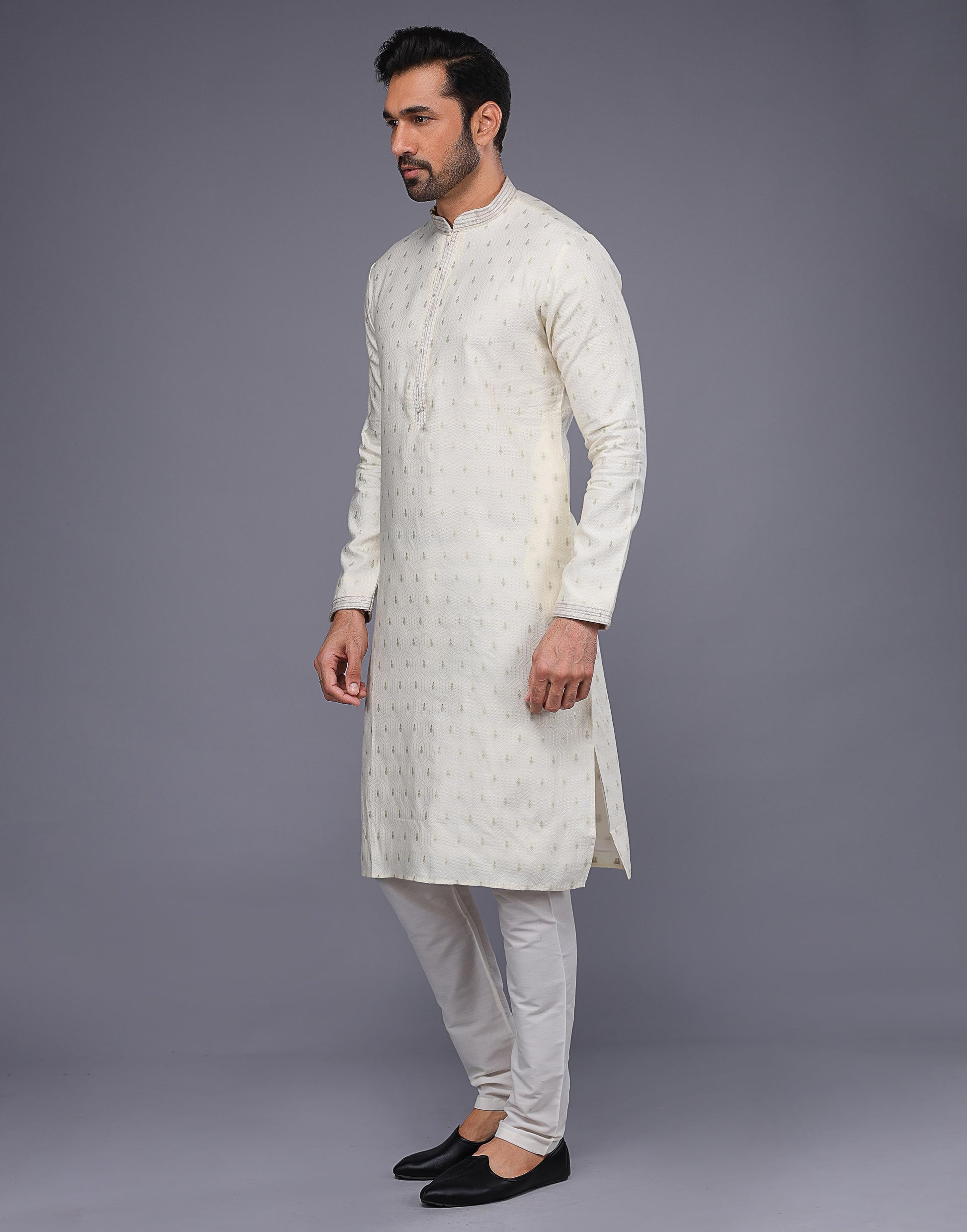 Cream Embroidery Butta Design Soft Silk Kurta Set