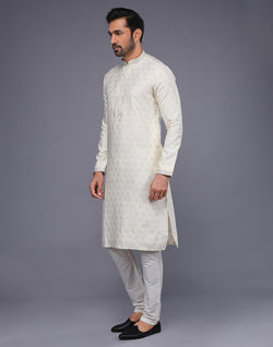 Collection of Cream Embroidery Butta Design Soft Silk Kurta Set in a gallery layout