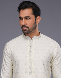 Collection of Cream Embroidery Butta Design Soft Silk Kurta Set in a gallery layout