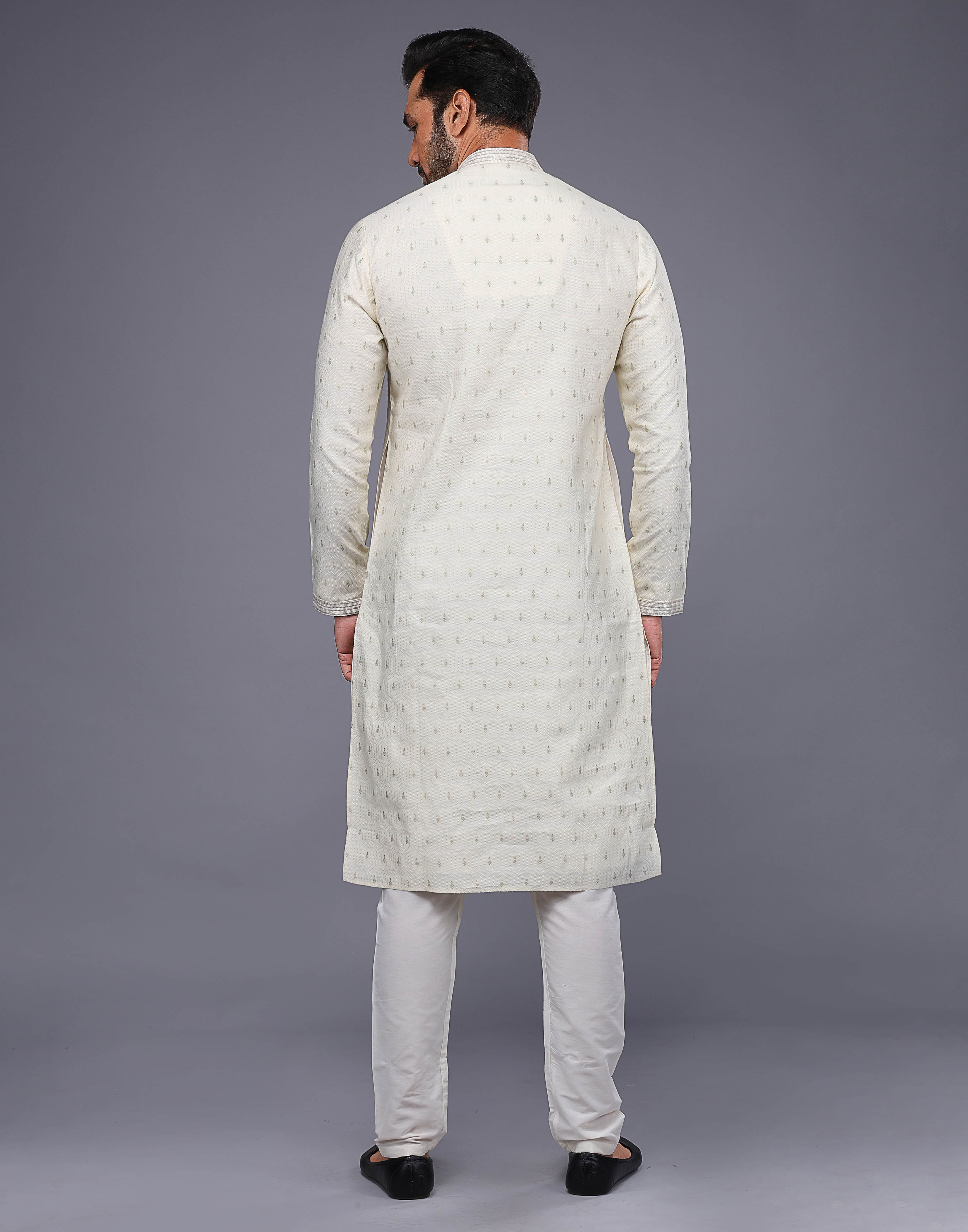 Collection of Cream Embroidery Butta Design Soft Silk Kurta Set in a gallery layout