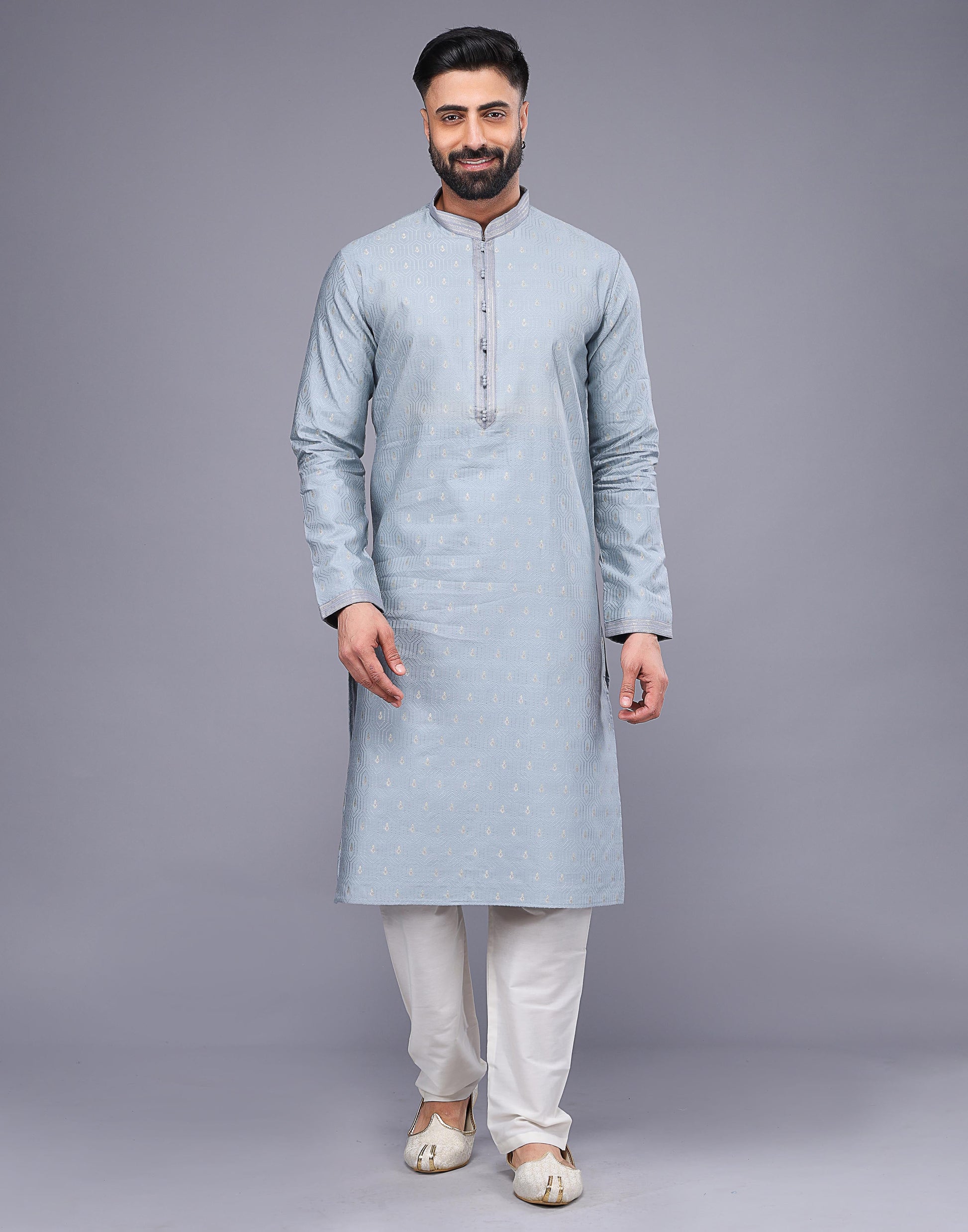 Grey Small Embroidery Butta Design Soft Silk Kurta Pyjama Set