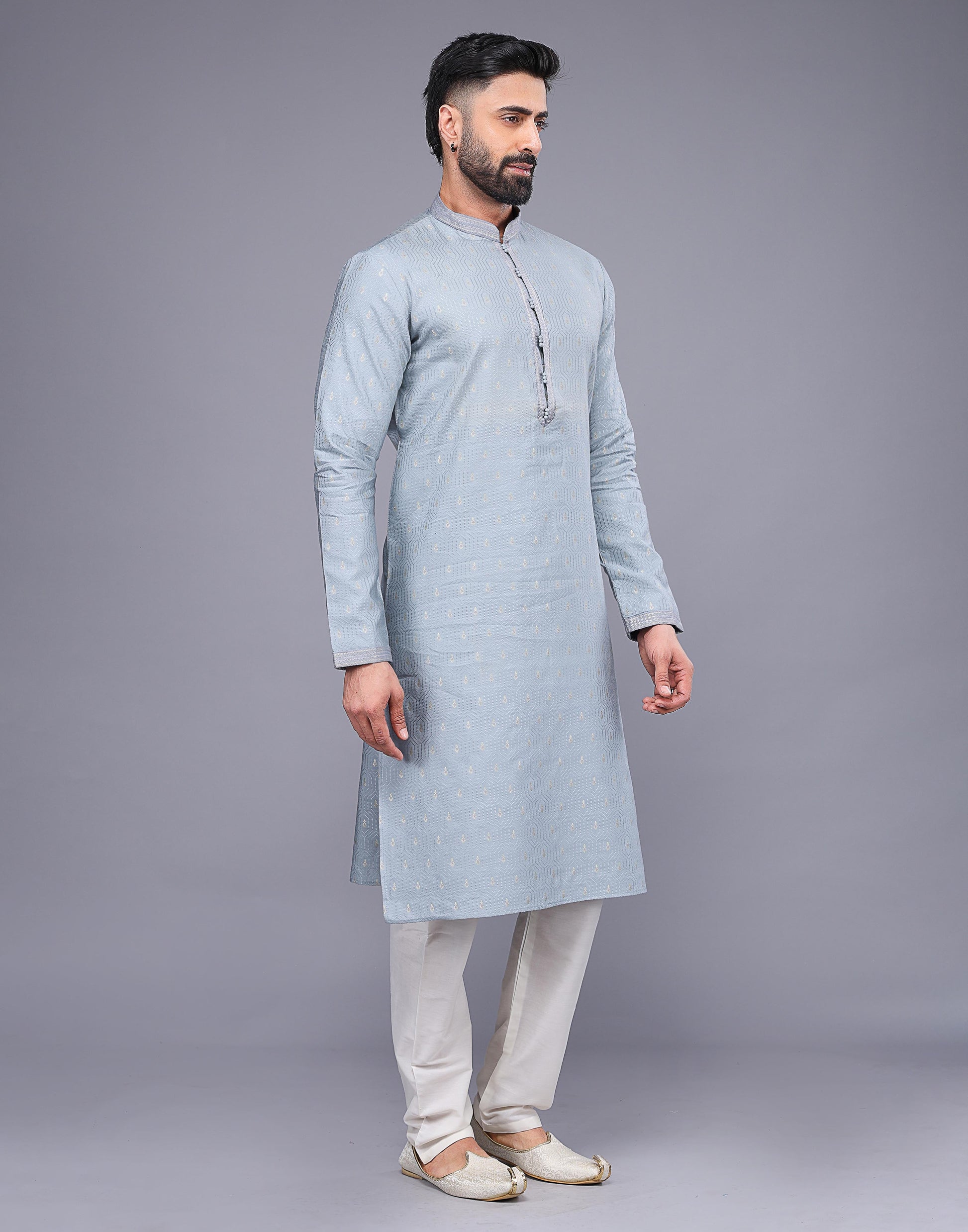 Grey Small Embroidery Butta Design Soft Silk Kurta Pyjama Set