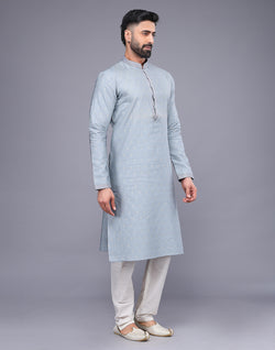 Collection of Grey Small Embroidery Butta Design Soft Silk Kurta Pyjama Set in a gallery layout