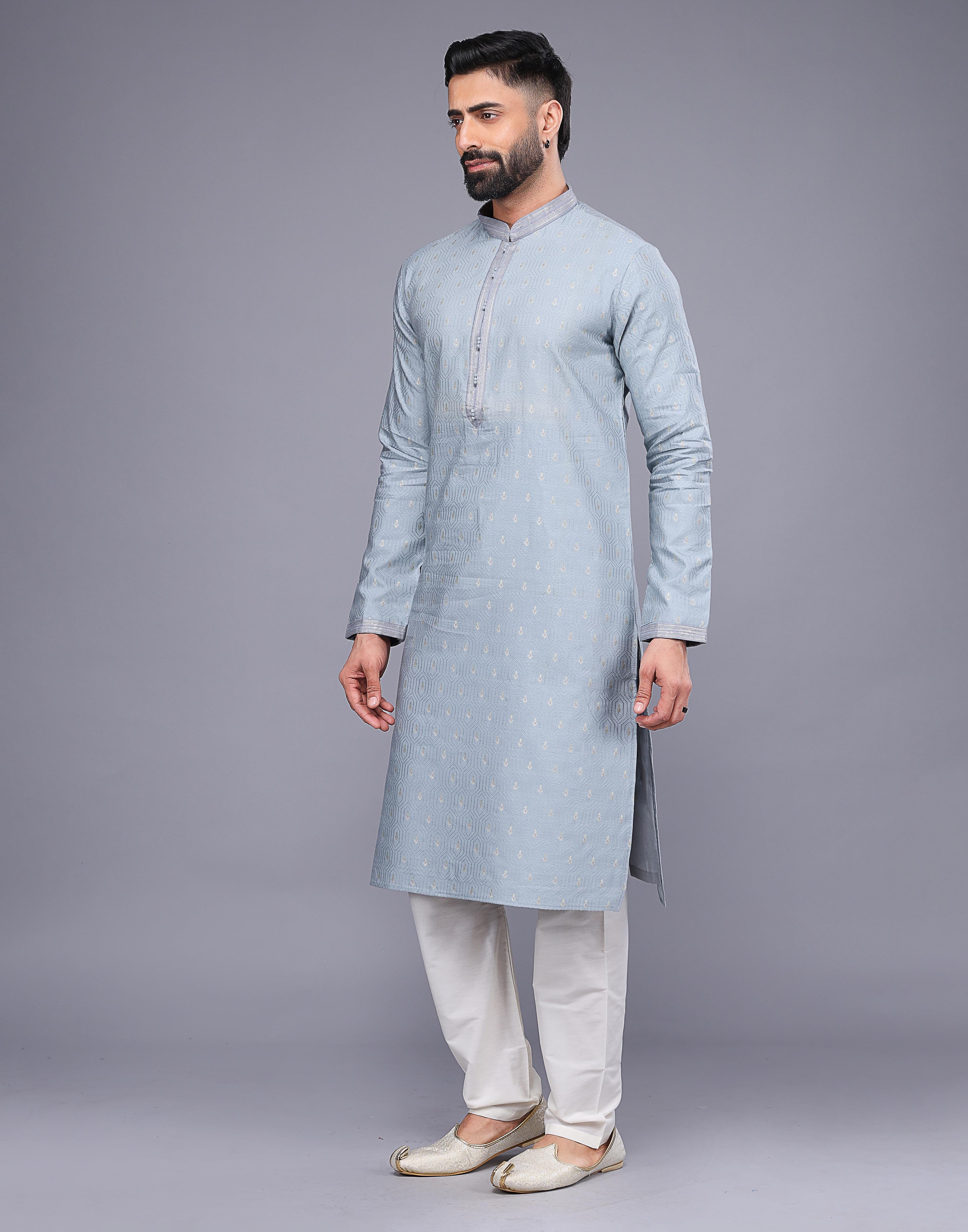 Collection of Grey Small Embroidery Butta Design Soft Silk Kurta Pyjama Set in a gallery layout