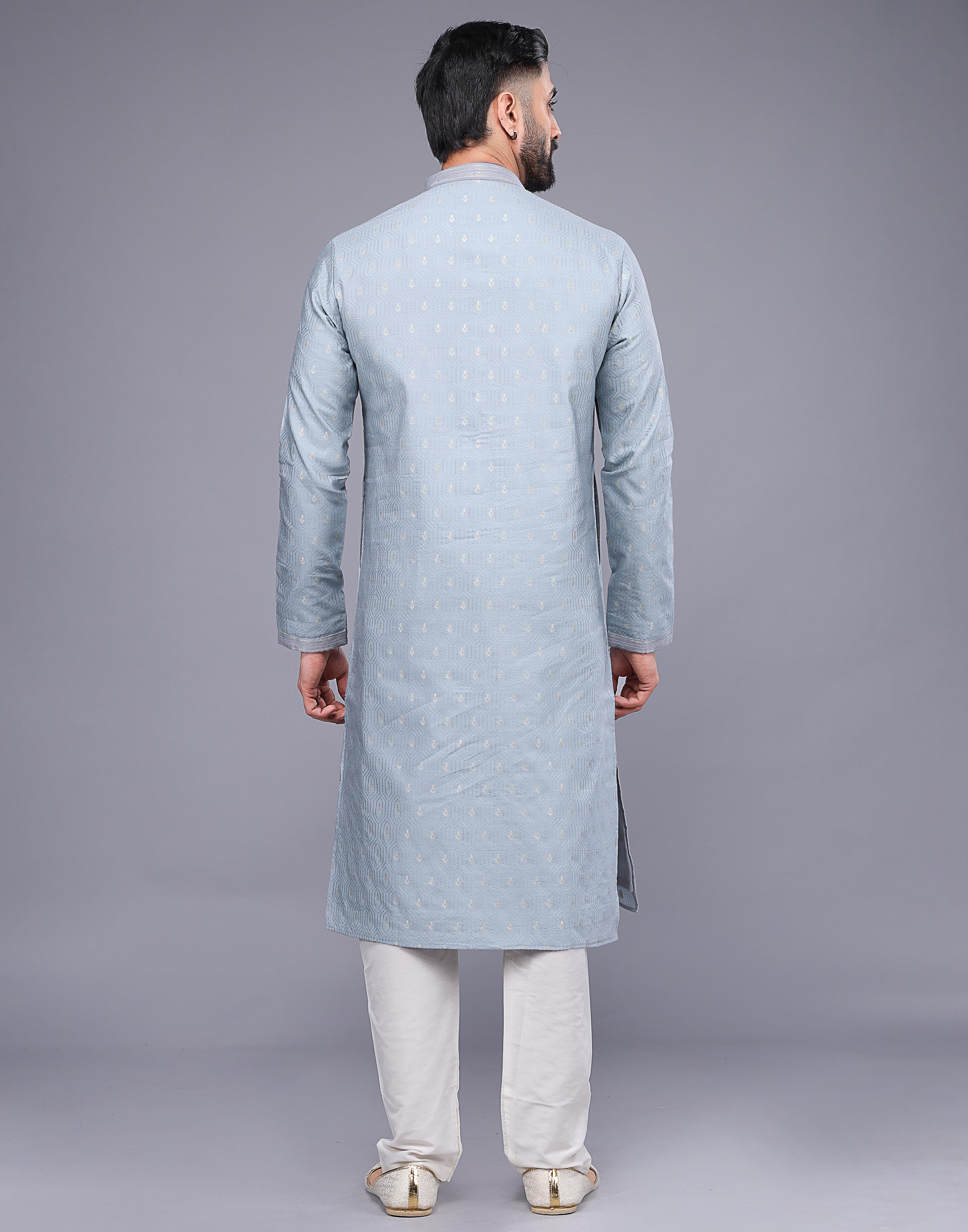 Collection of Grey Small Embroidery Butta Design Soft Silk Kurta Pyjama Set in a gallery layout