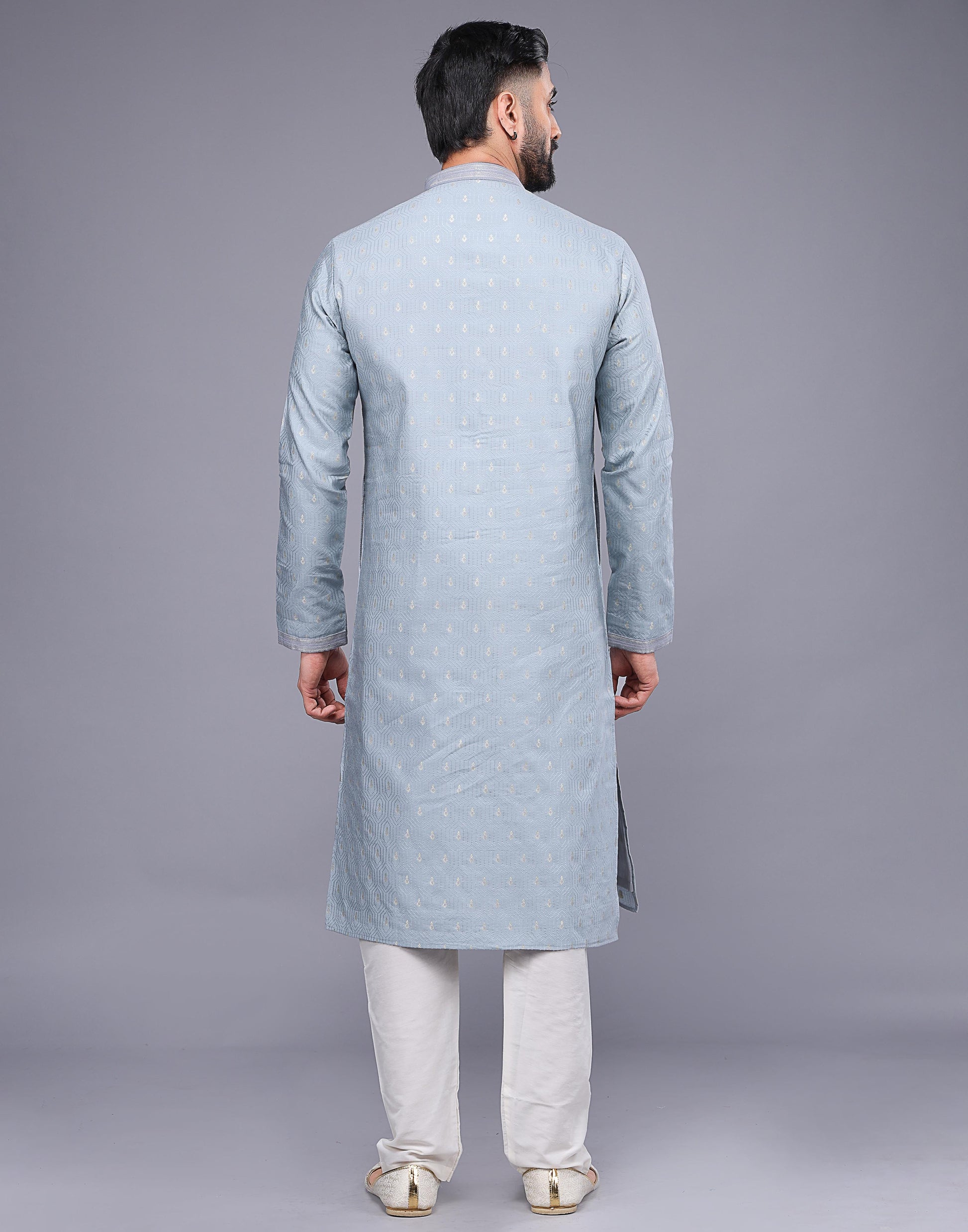 Grey Small Embroidery Butta Design Soft Silk Kurta Pyjama Set