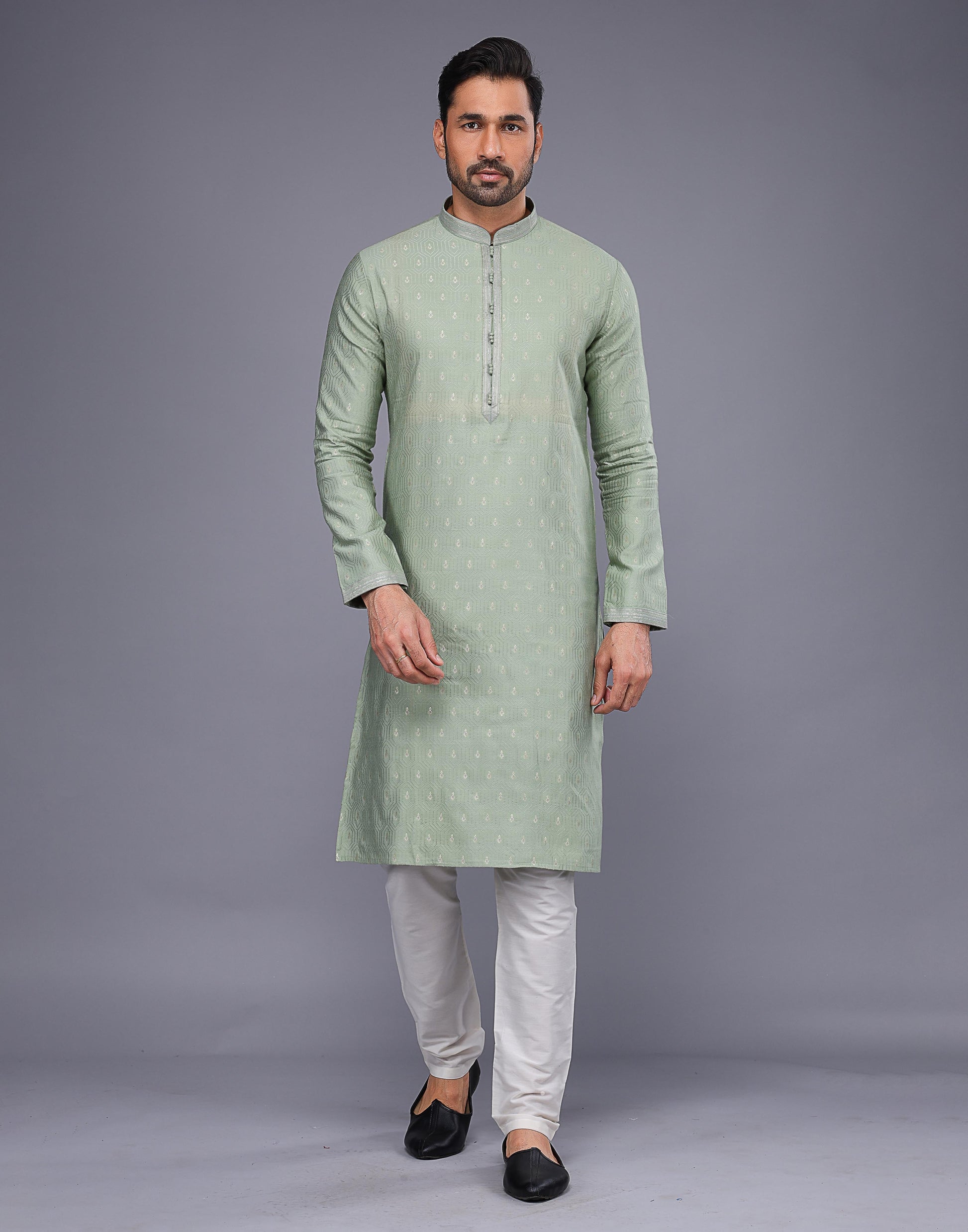 Light Pista Embroidery Butta Design Soft Silk Kurta Pyjama Set