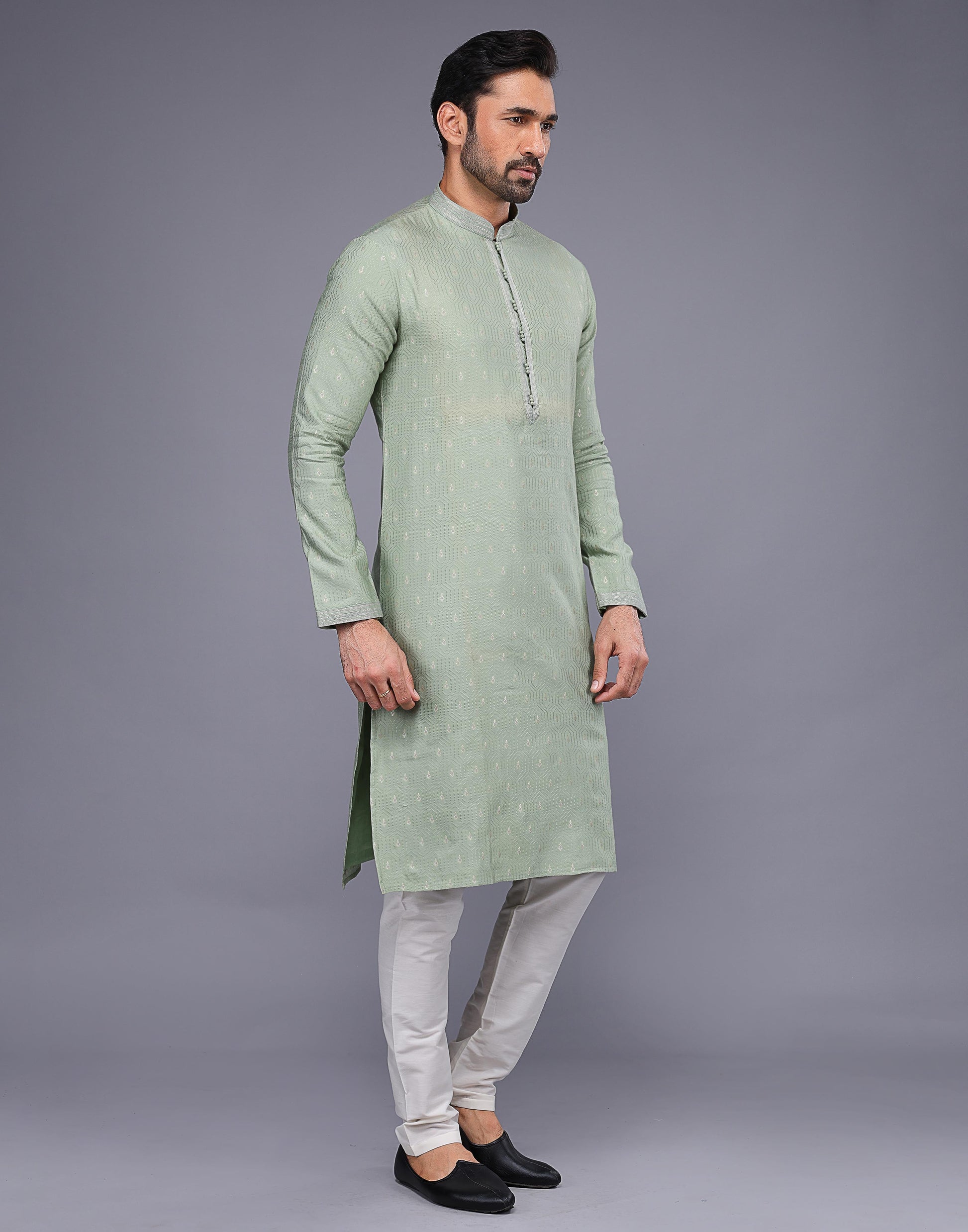 Light Pista Embroidery Butta Design Soft Silk Kurta Pyjama Set