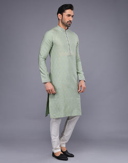 Collection of Light Pista Embroidery Butta Design Soft Silk Kurta Pyjama Set in a gallery layout