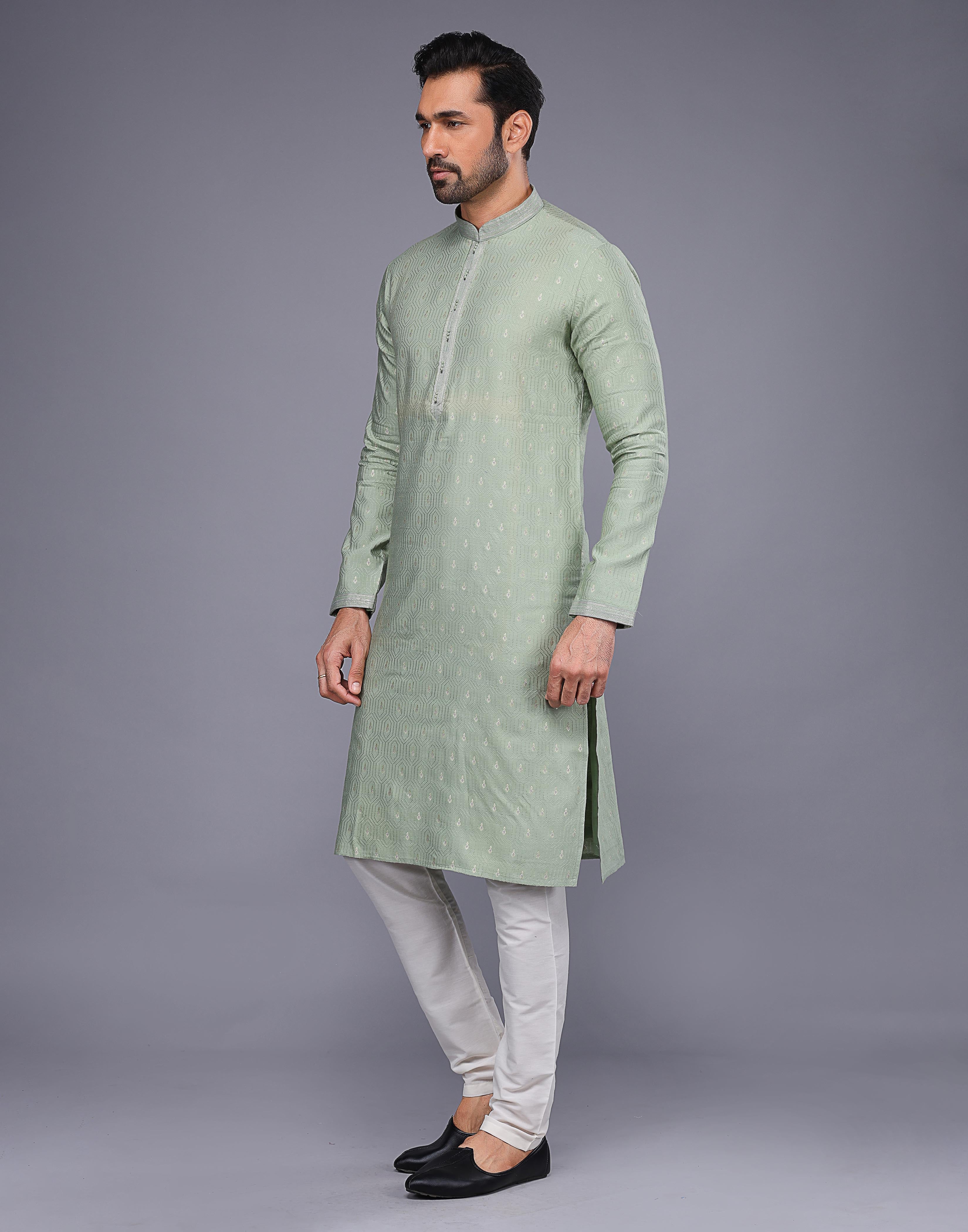 Collection of Light Pista Embroidery Butta Design Soft Silk Kurta Pyjama Set in a gallery layout