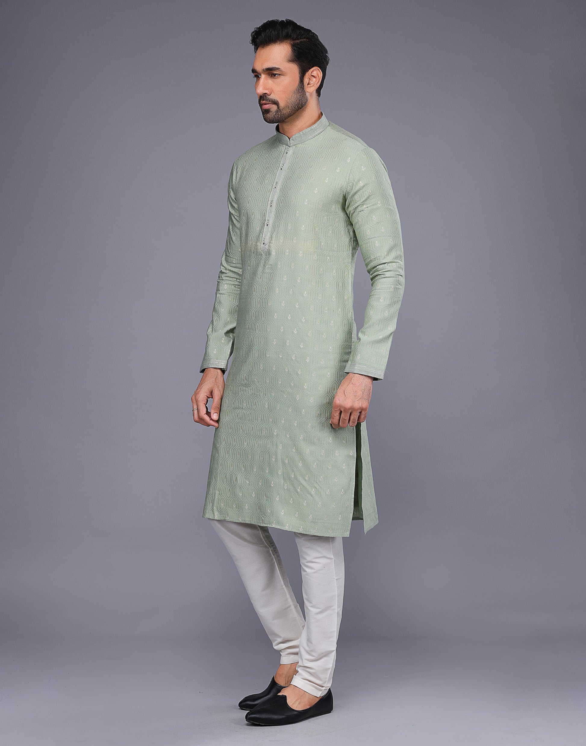 Light Pista Embroidery Butta Design Soft Silk Kurta Pyjama Set