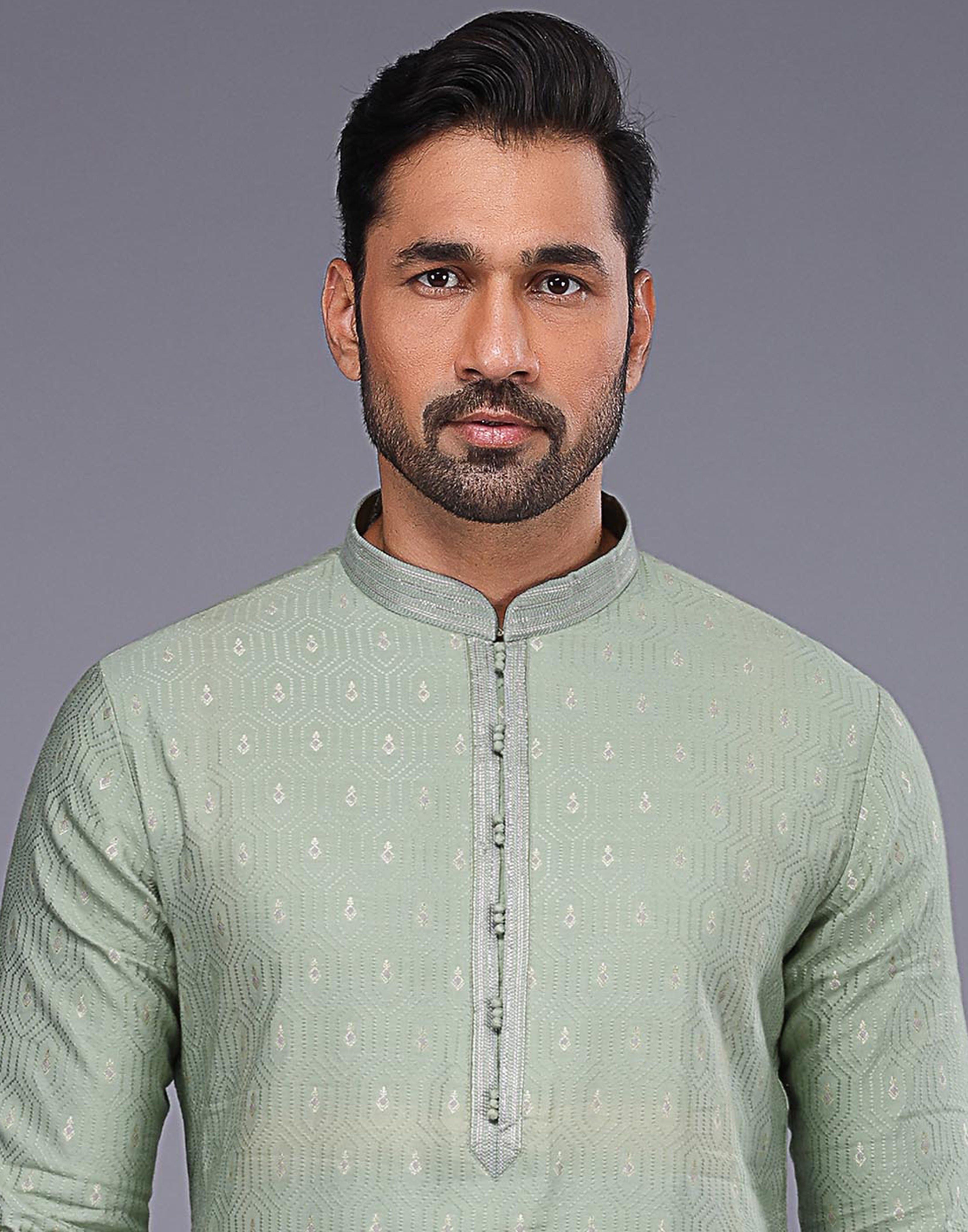 Collection of Light Pista Embroidery Butta Design Soft Silk Kurta Pyjama Set in a gallery layout