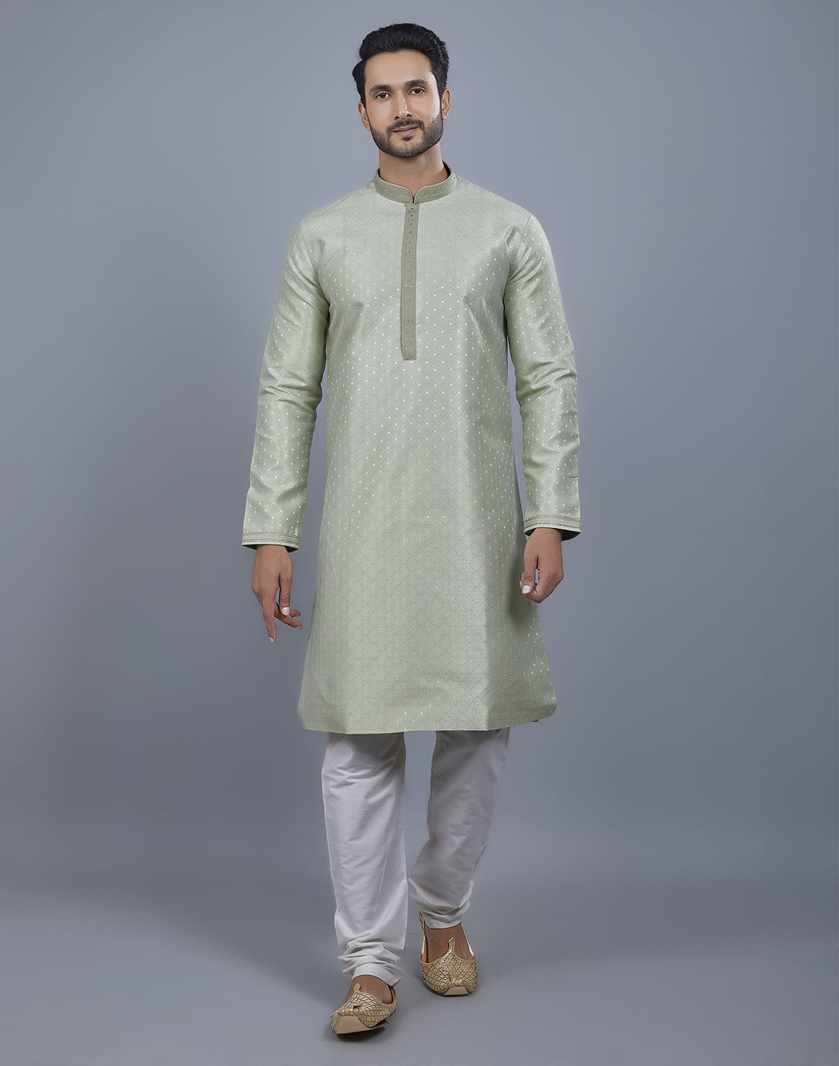 Collection of Pista Green All Over Silver Motive Pattern Kurta Set in a gallery layout