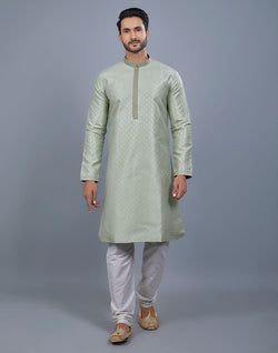 Collection of Pista Green All Over Silver Motive Pattern Kurta Set in a gallery layout