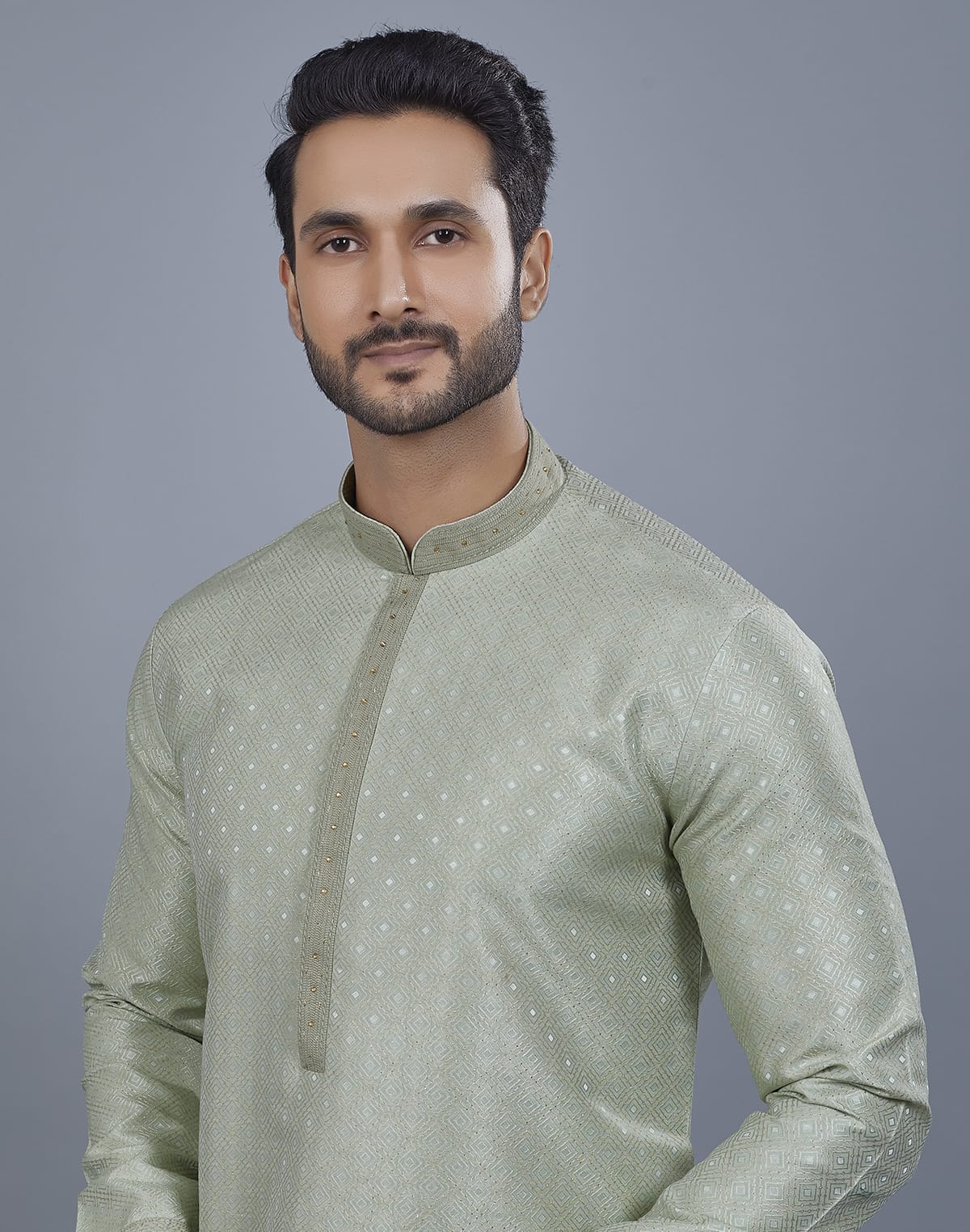 Collection of Pista Green All Over Silver Motive Pattern Kurta Set in a gallery layout