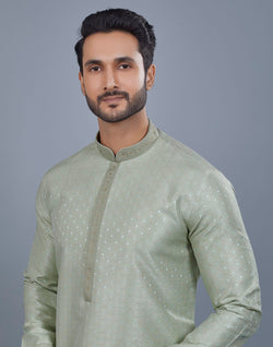 Collection of Pista Green All Over Silver Motive Pattern Kurta Set in a gallery layout