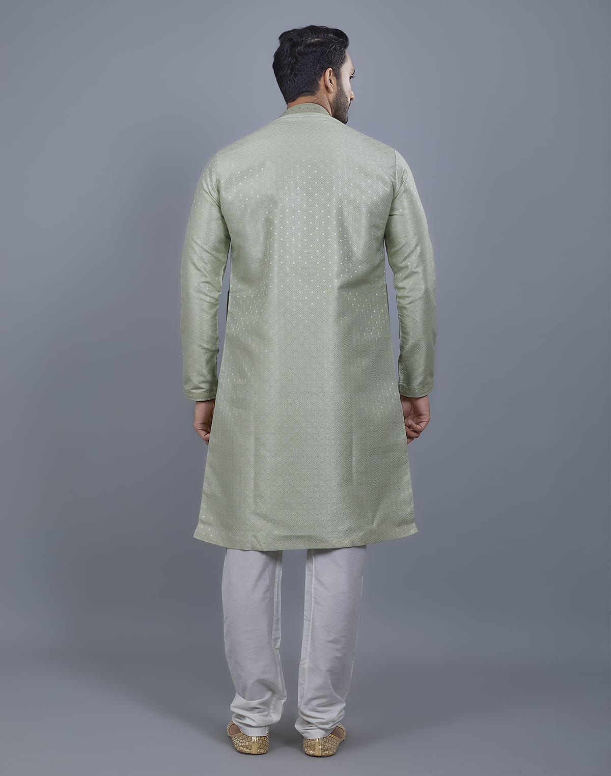 Collection of Pista Green All Over Silver Motive Pattern Kurta Set in a gallery layout