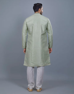 Collection of Pista Green All Over Silver Motive Pattern Kurta Set in a gallery layout