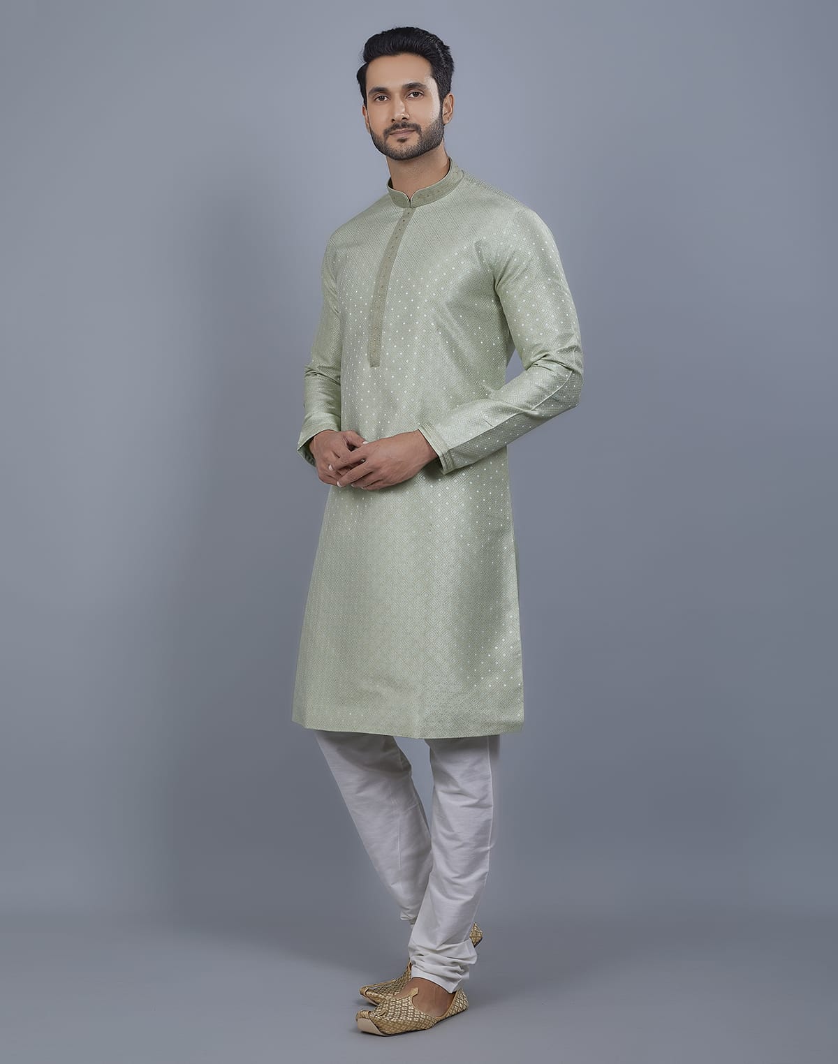 Collection of Pista Green All Over Silver Motive Pattern Kurta Set in a gallery layout