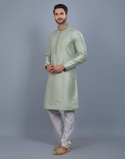 Collection of Pista Green All Over Silver Motive Pattern Kurta Set in a gallery layout