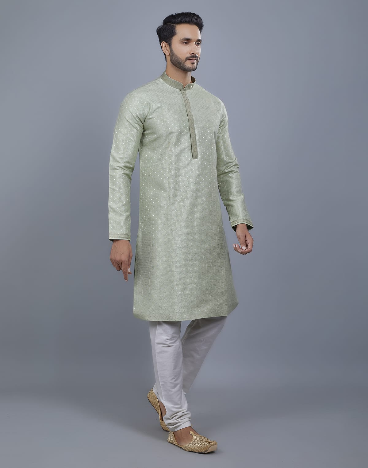 Collection of Pista Green All Over Silver Motive Pattern Kurta Set in a gallery layout