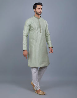 Collection of Pista Green All Over Silver Motive Pattern Kurta Set in a gallery layout