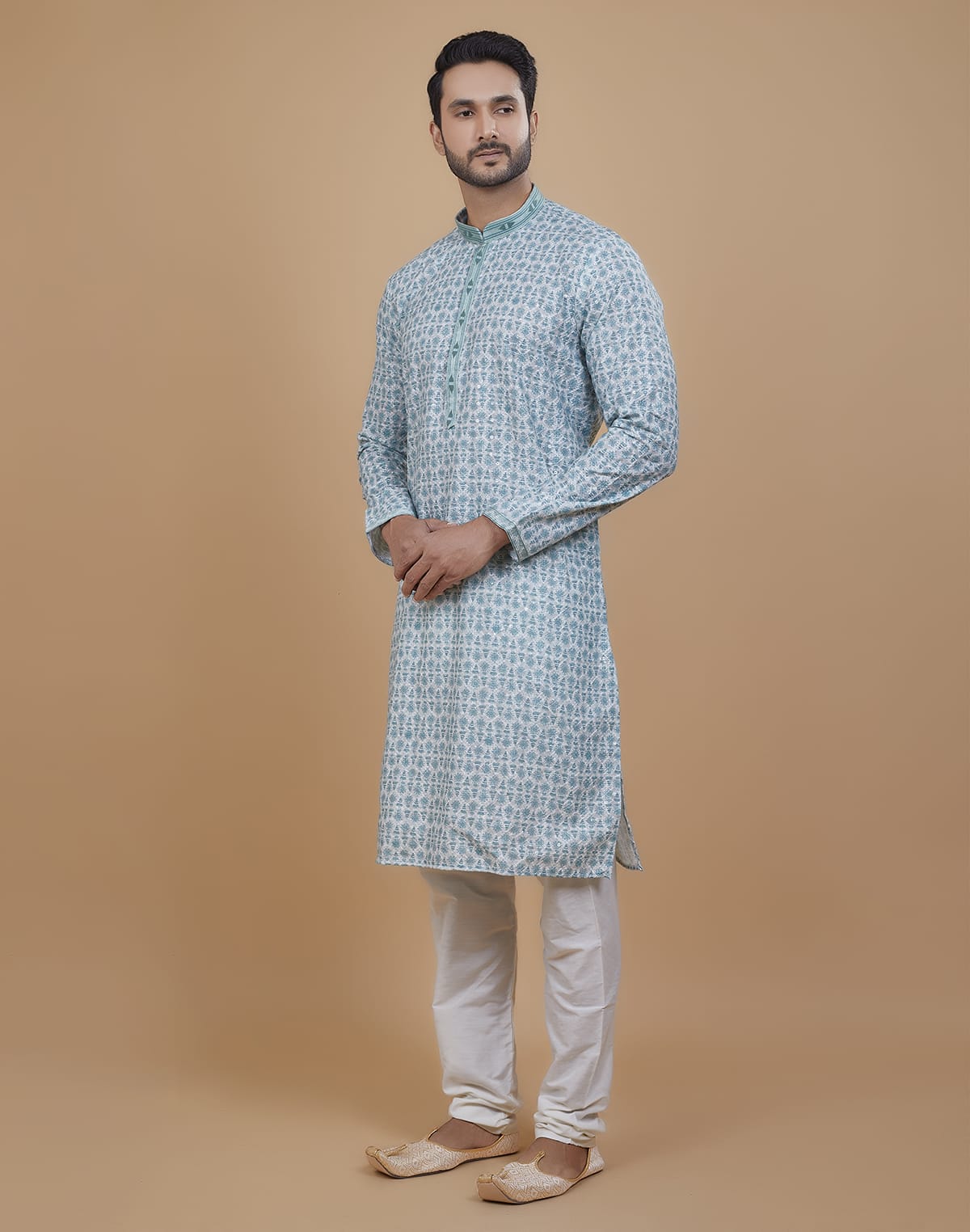 Collection of Green Coloured All Over Stunning Fully Embroidery work Kurta Set in a gallery layout