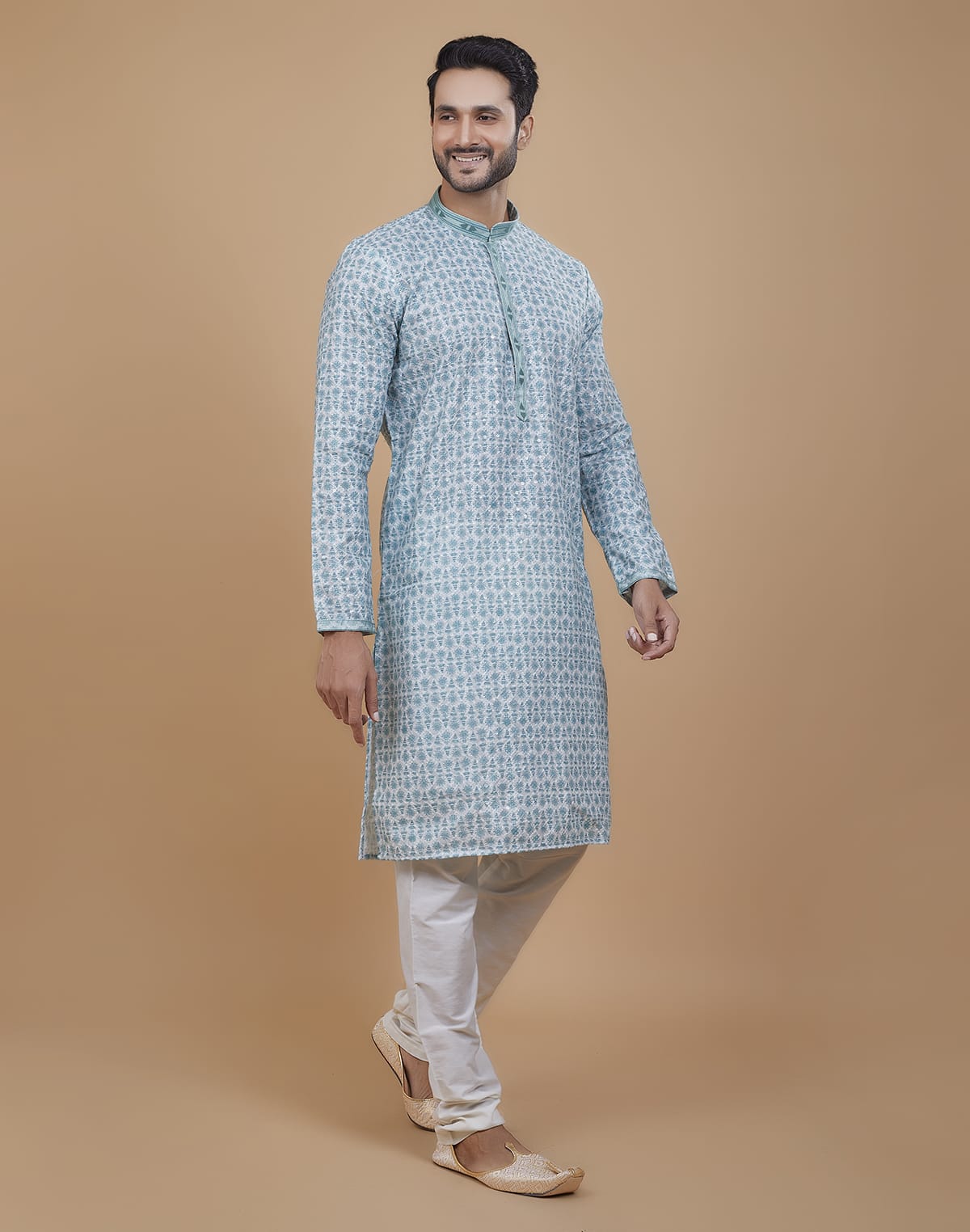 Collection of Green Coloured All Over Stunning Fully Embroidery work Kurta Set in a gallery layout