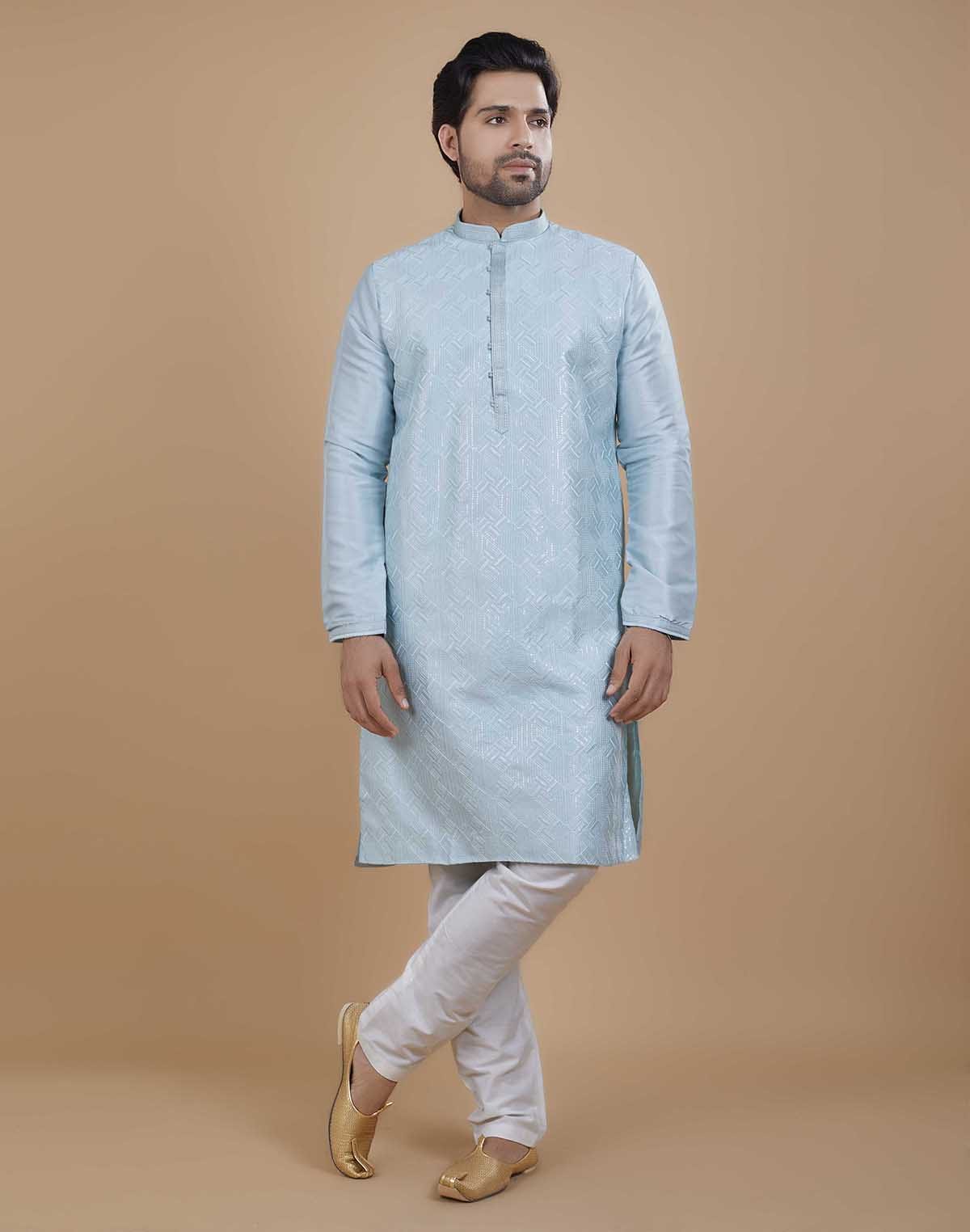 Soft Silk Self Design Pattern Sky Blue Kurta Set