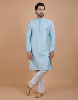 Collection of Soft Silk Self Design Pattern Sky Blue Kurta Set in a gallery layout