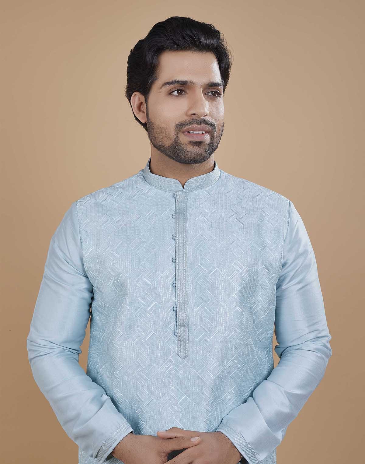 Collection of Soft Silk Self Design Pattern Sky Blue Kurta Set in a gallery layout