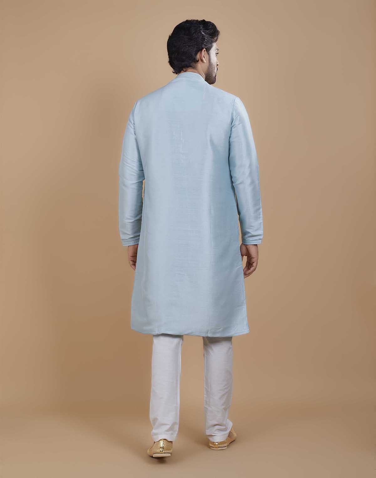 Collection of Soft Silk Self Design Pattern Sky Blue Kurta Set in a gallery layout