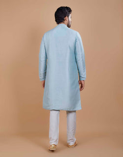 Collection of Soft Silk Self Design Pattern Sky Blue Kurta Set in a gallery layout