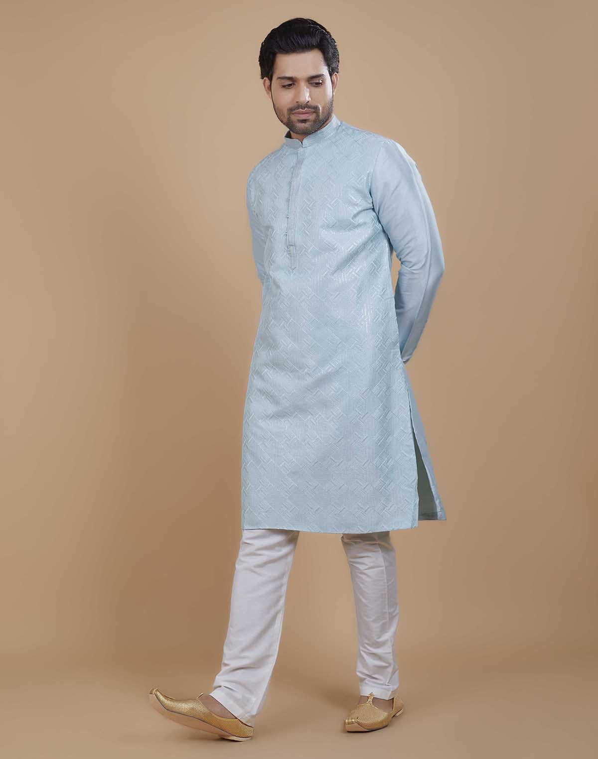 Soft Silk Self Design Pattern Sky Blue Kurta Set