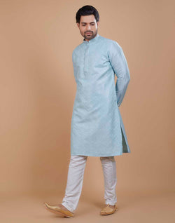 Collection of Soft Silk Self Design Pattern Sky Blue Kurta Set in a gallery layout