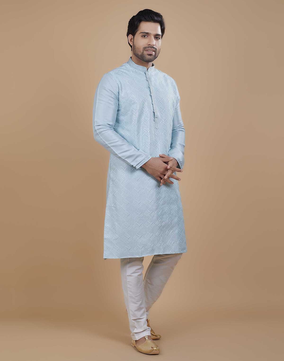 Collection of Soft Silk Self Design Pattern Sky Blue Kurta Set in a gallery layout