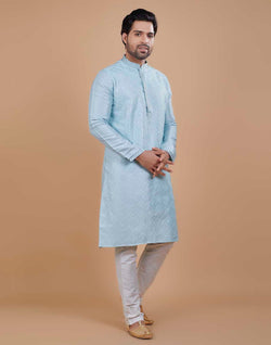 Collection of Soft Silk Self Design Pattern Sky Blue Kurta Set in a gallery layout