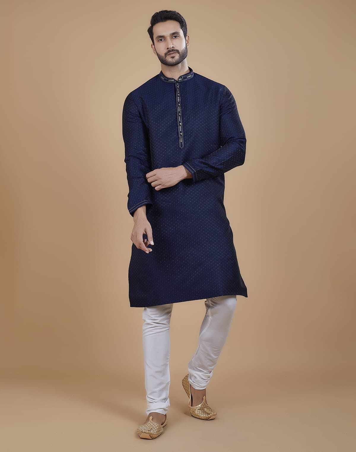 Collection of Aqua Blue Polka Dots Jacquard Kurta Pyjama Set in a gallery layout