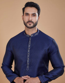 Collection of Aqua Blue Polka Dots Jacquard Kurta Pyjama Set in a gallery layout